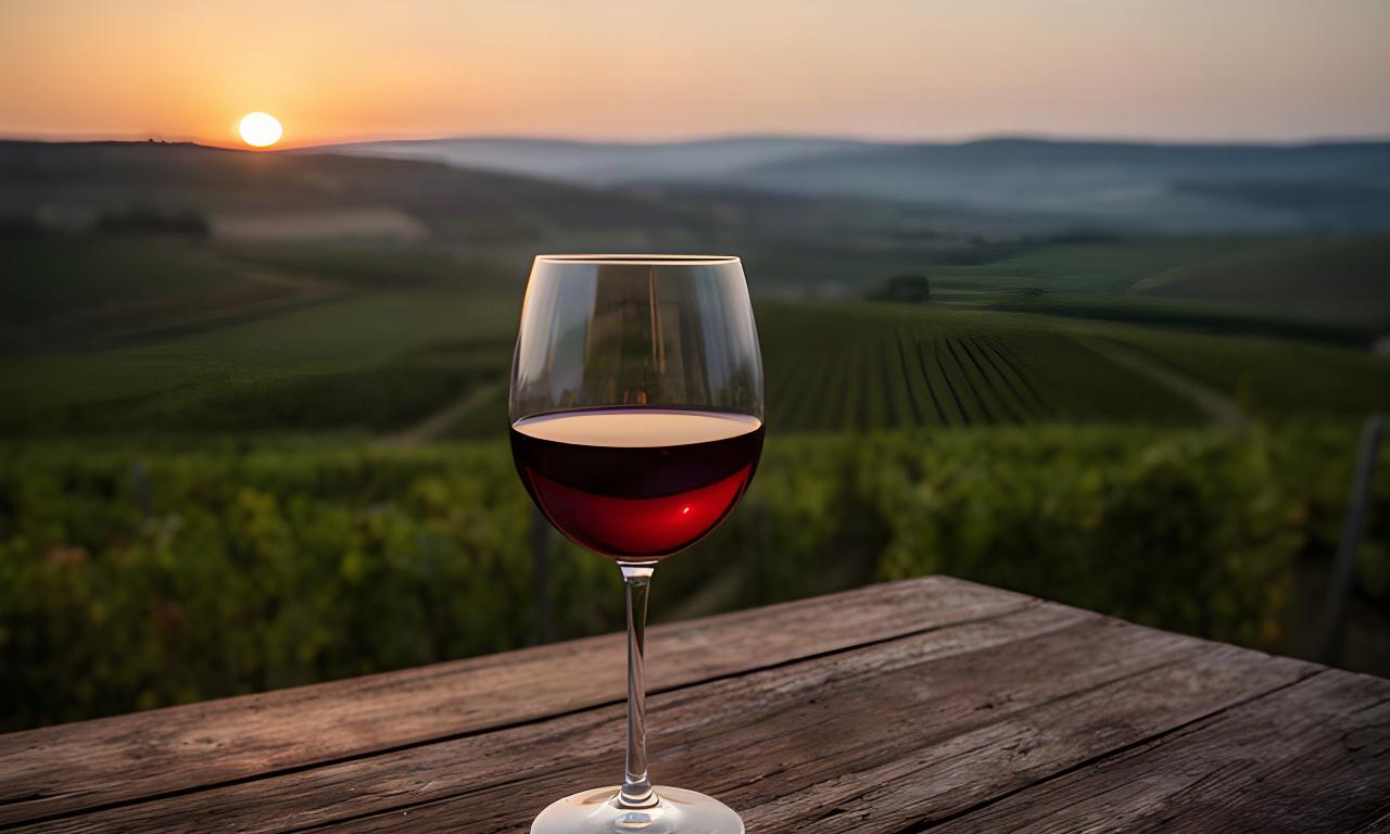 Copa de vino tinto sobre una mesa de madera frente a viñedos al atardecer