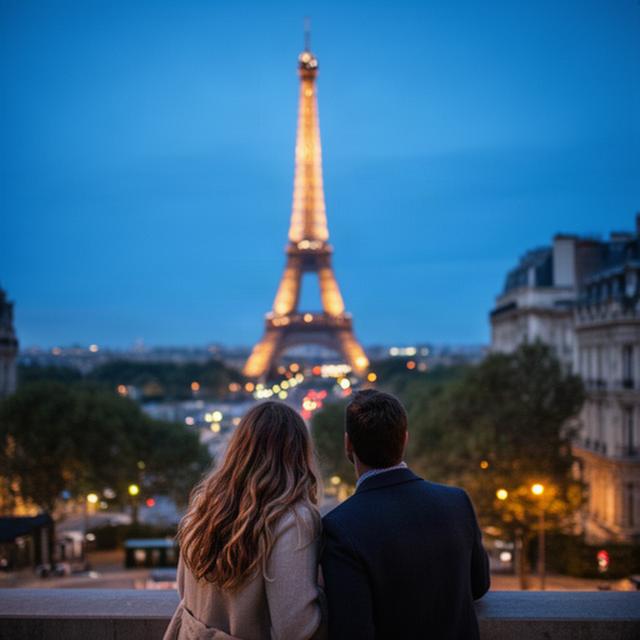 Pareja contemplando la Torre Eiffel al anochecer en París