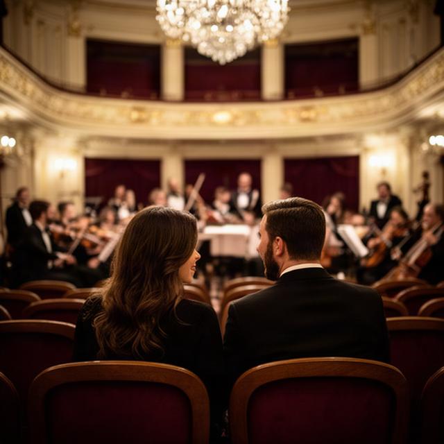 Pareja disfrutando de un concierto clásico en una sala elegante de Viena