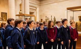 Grupo escolar visitando el Museo Británico en Londres durante una inmersión lingüística