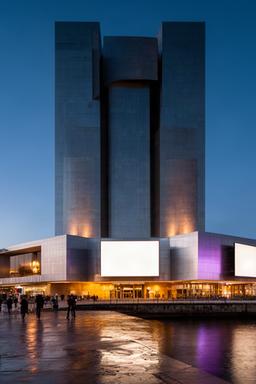 Fachada del Kursaal durante el Festival de Cine de San Sebastián al anochecer