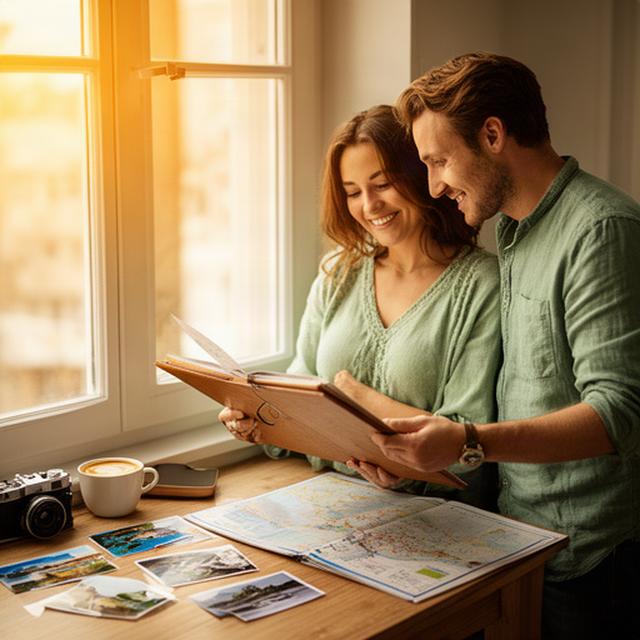 Pareja consultando un itinerario de viaje junto a una ventana con luz cálida