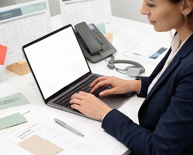 Asesora de viajes corporativos consultando horarios de vuelos en una mesa de trabajo