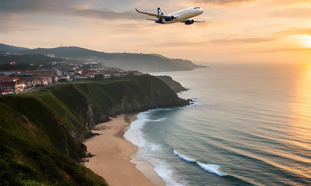 Costa vasca junto a Hendaya con un avión sobrevolando el litoral al atardecer