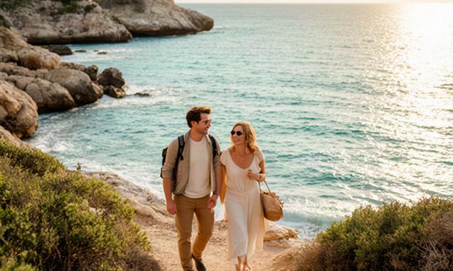 Pareja caminando frente a una cala mediterránea durante una escapada romántica