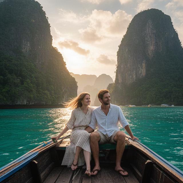 Pareja navegando entre islas tropicales de Krabi durante su luna de miel en Tailandia