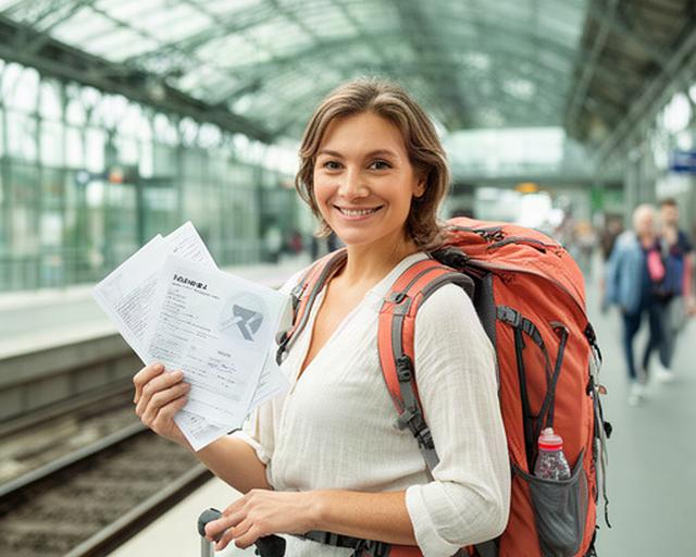 Viajera con mochila junto a una estación europea y documentación de seguro en la mano