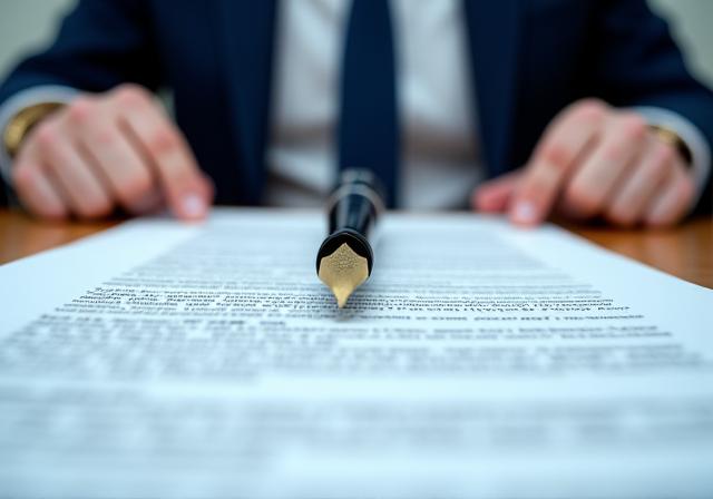Close up of legal professionals reviewing business contracts with gold pen