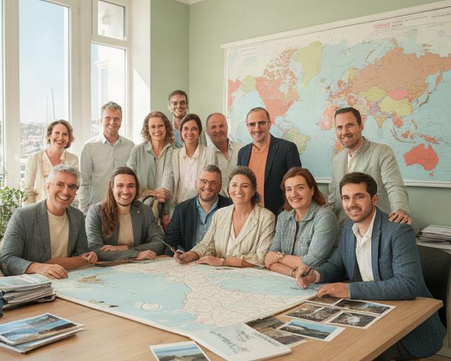 Equipo de agencia de viajes reunido en una luminosa oficina de Hendaya junto a mapas del País Vasco