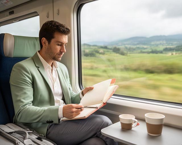 Profesional revisando una agenda de trabajo junto a la ventana de un tren entre Hendaya y París
