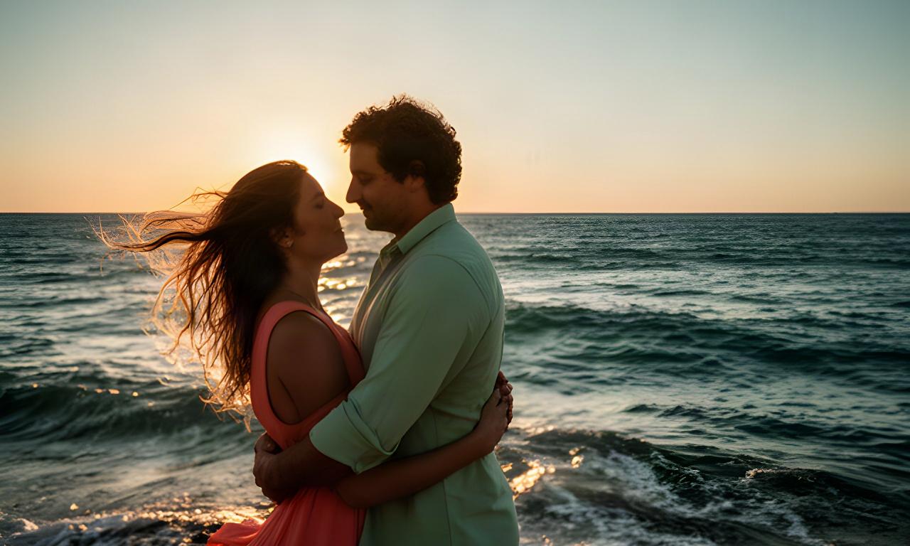 Pareja abrazada frente al mar al atardecer durante una escapada romántica
