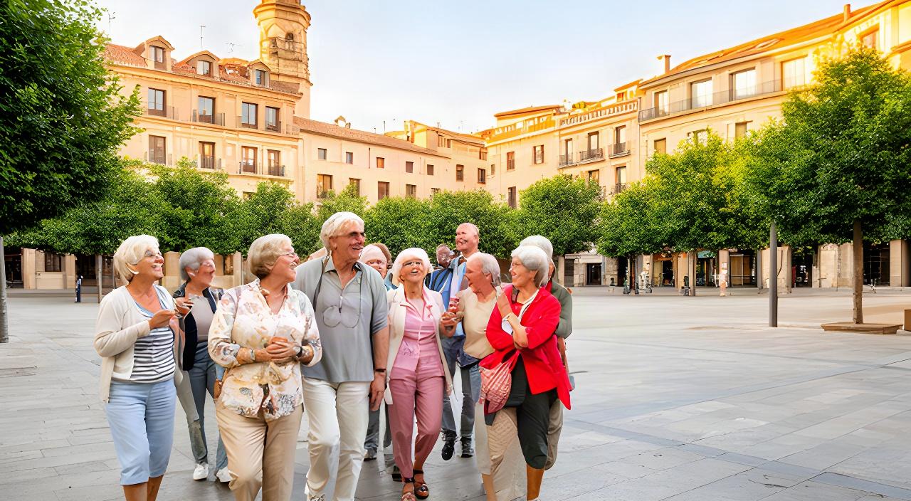 Grupo de personas sénior disfrutando de una plaza europea soleada durante un circuito cultural guiado